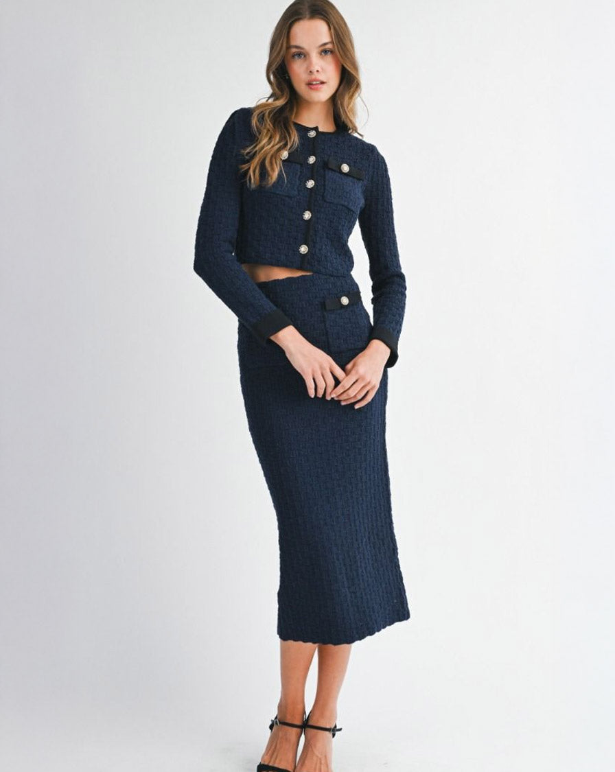 KNITTED MIDI SKIRT - NAVY SKIRT -