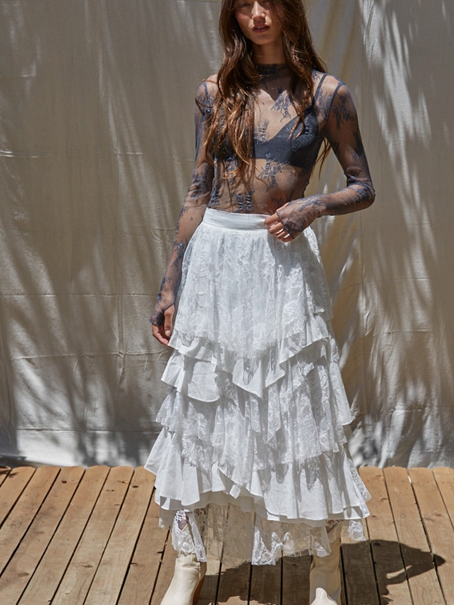 KNIT JACQUARD LACE LONG SLEEVE TOP - NAVY SWEATER -