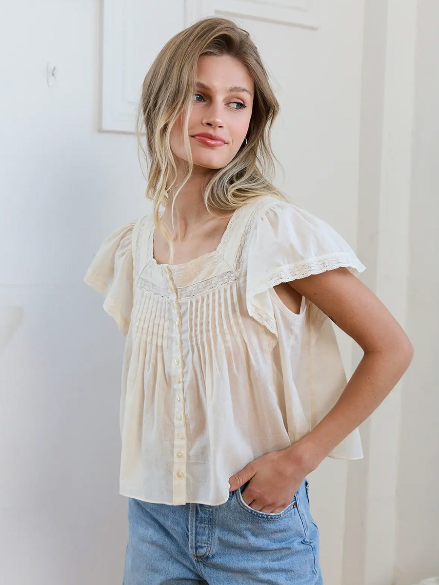 LACE TRIM PINTUCK BLOUSE - IVORY BLOUSES RAISONNEL