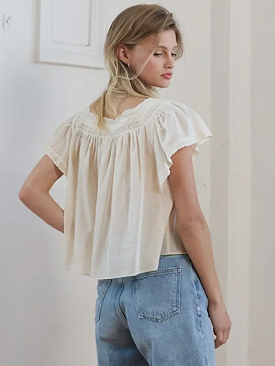 LACE TRIM PINTUCK BLOUSE - IVORY BLOUSES RAISONNEL