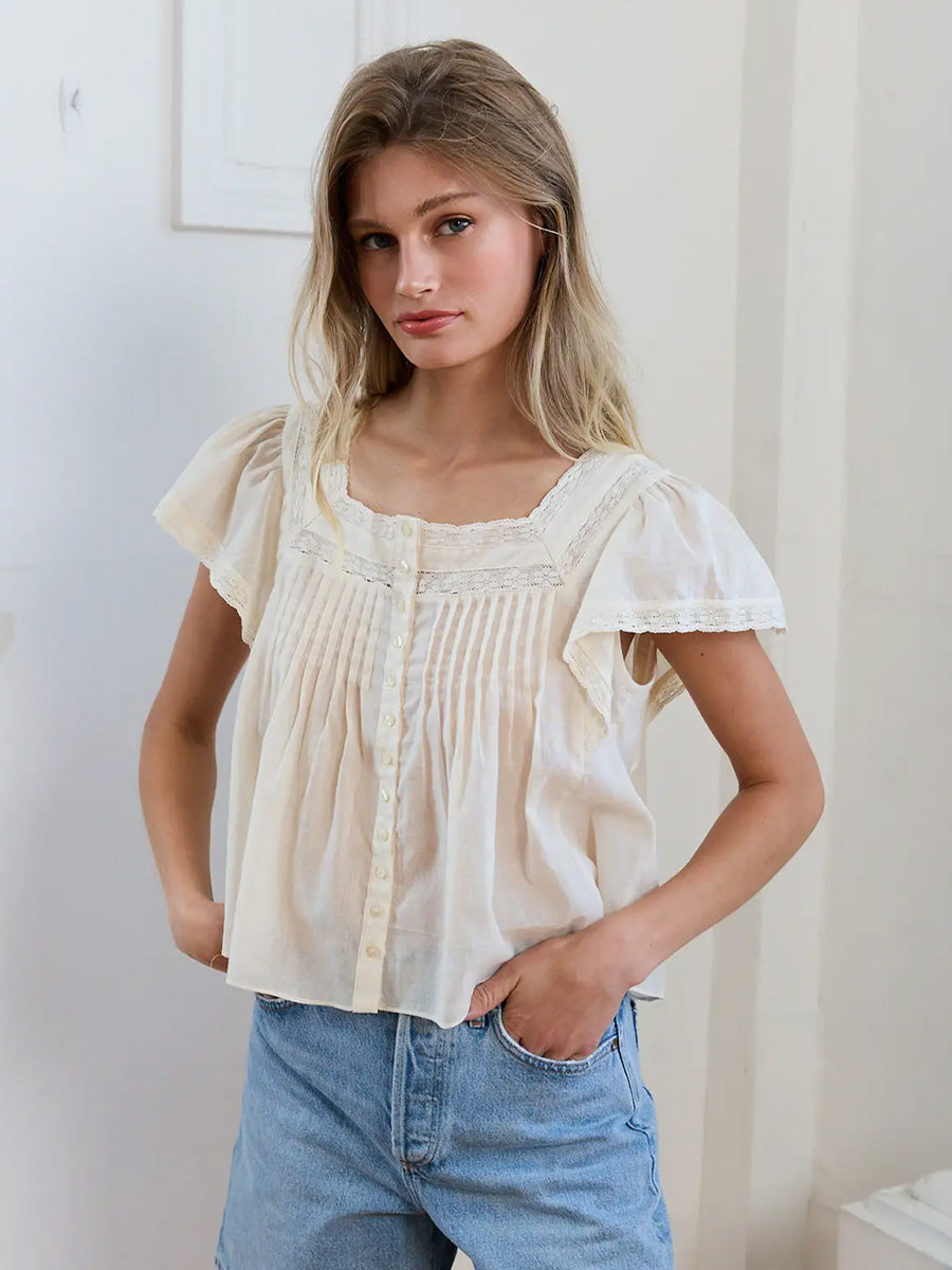 LACE TRIM PINTUCK BLOUSE - IVORY BLOUSES RAISONNEL