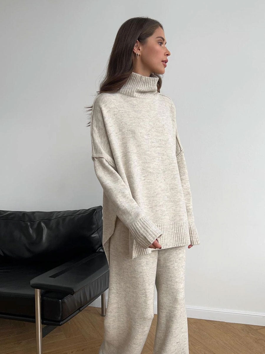 KNIT SIDE SLIT TURTLENECK SWEATER - LIGHT KHAKI SWEATER -