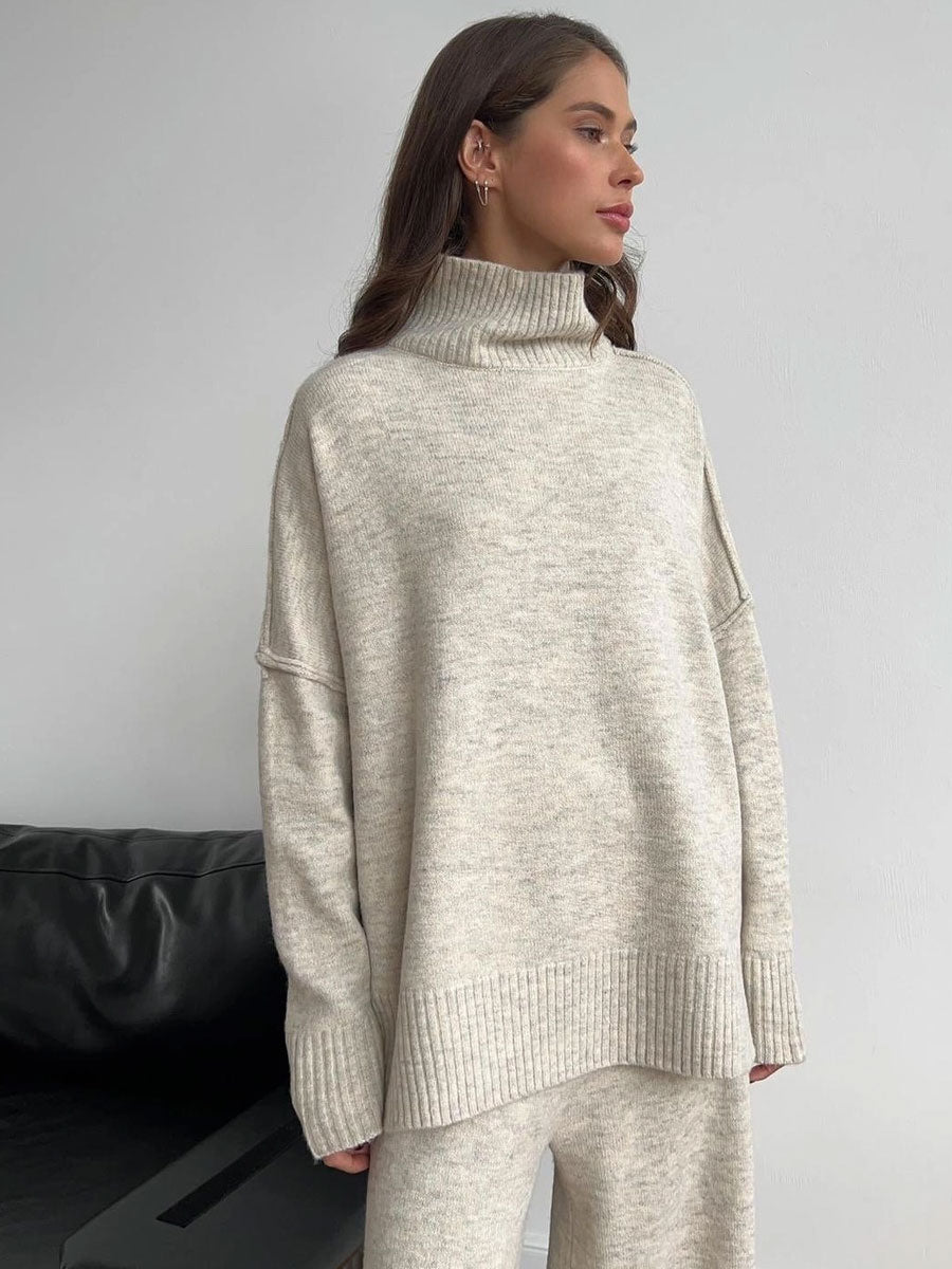 KNIT SIDE SLIT TURTLENECK SWEATER - LIGHT KHAKI SWEATER -