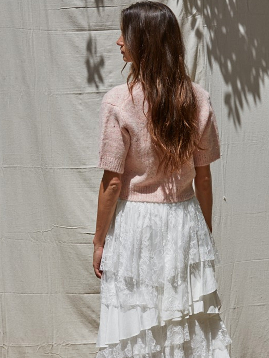 KNIT SHORT SLEEVE V-NECK SWEATER - LIGHT PINK SPECKLE SWEATER -