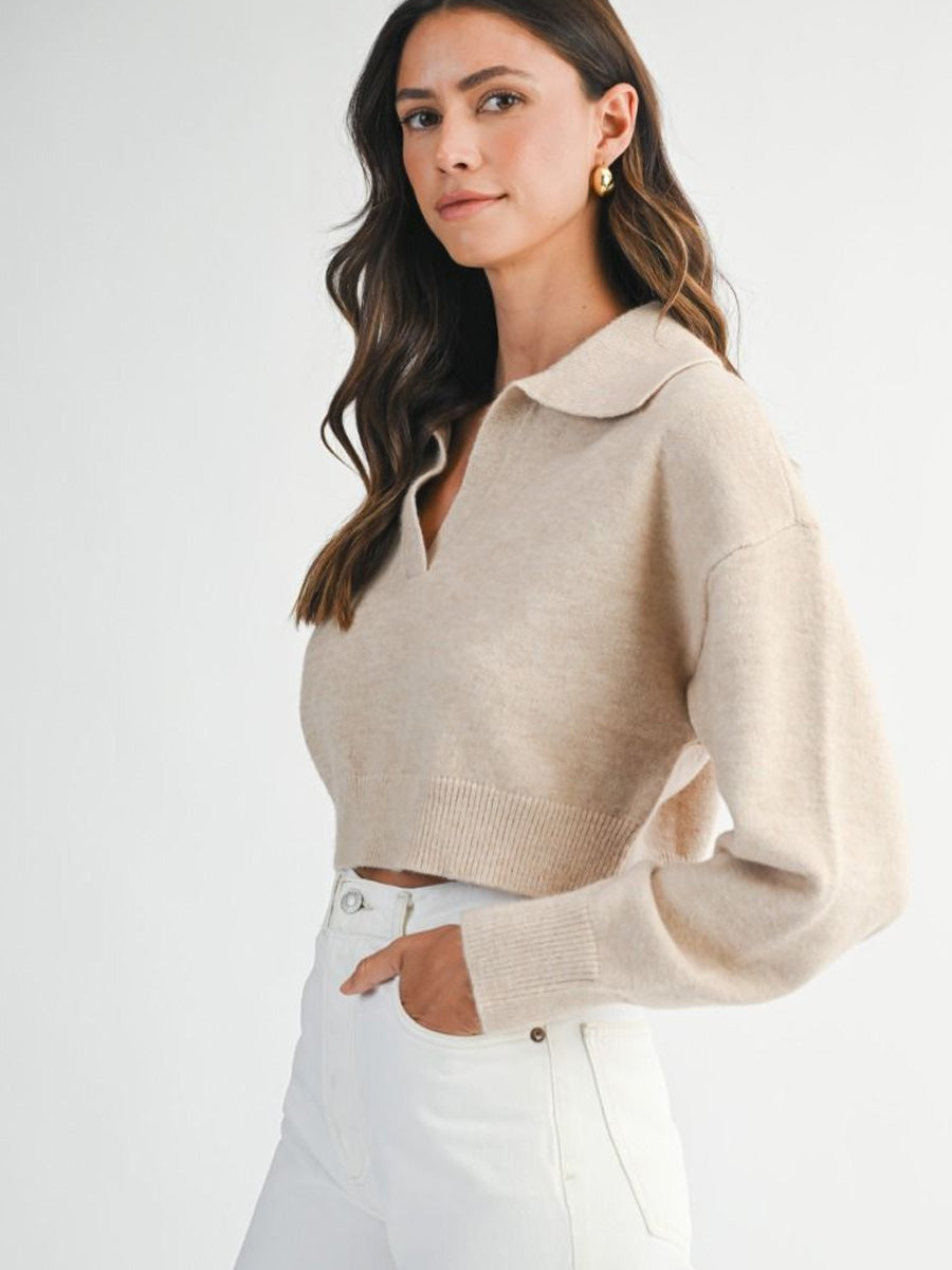 CROPPED COLLARED KNIT SWEATER - LIGHT TAUPE SWEATER -