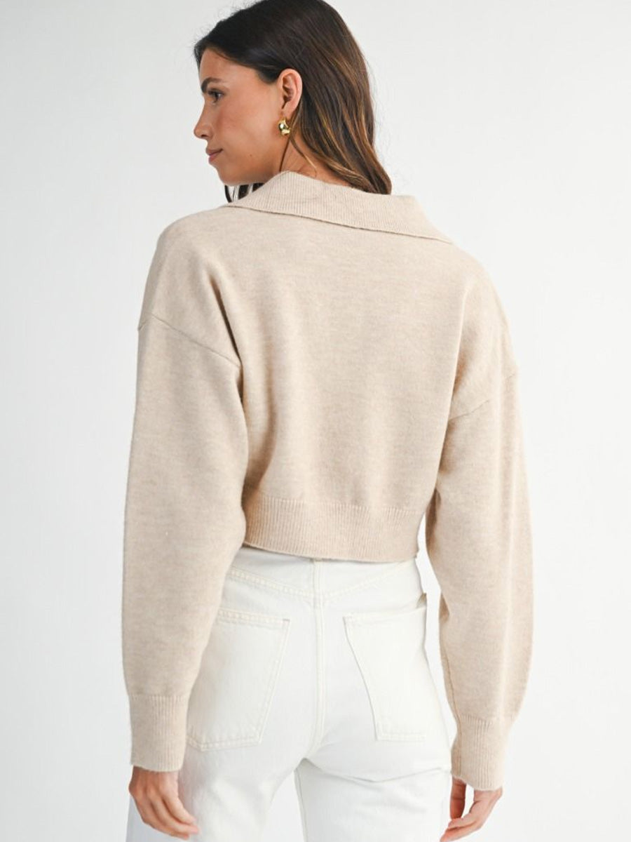 CROPPED COLLARED KNIT SWEATER - LIGHT TAUPE SWEATER -