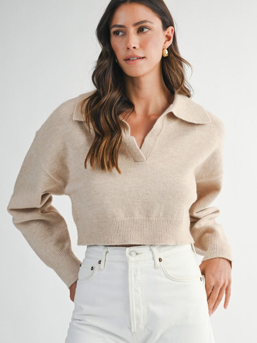 Knitted Sweaters Short Sweaters For Dresses CROPPED COLLARED KNIT SWEATER LIGHT TAUPE OAK CLOTHING Knitted Sweaters Short Sweaters For Dresses CROPPED COLLARED KNIT SWEATER LIGHT TAUPE OAK CLOTHING