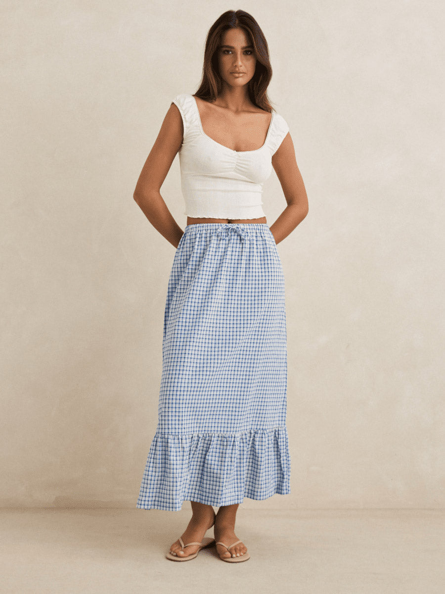 RHYTHM LOLA CHECK TIERED MAXI SKIRT - BLUE