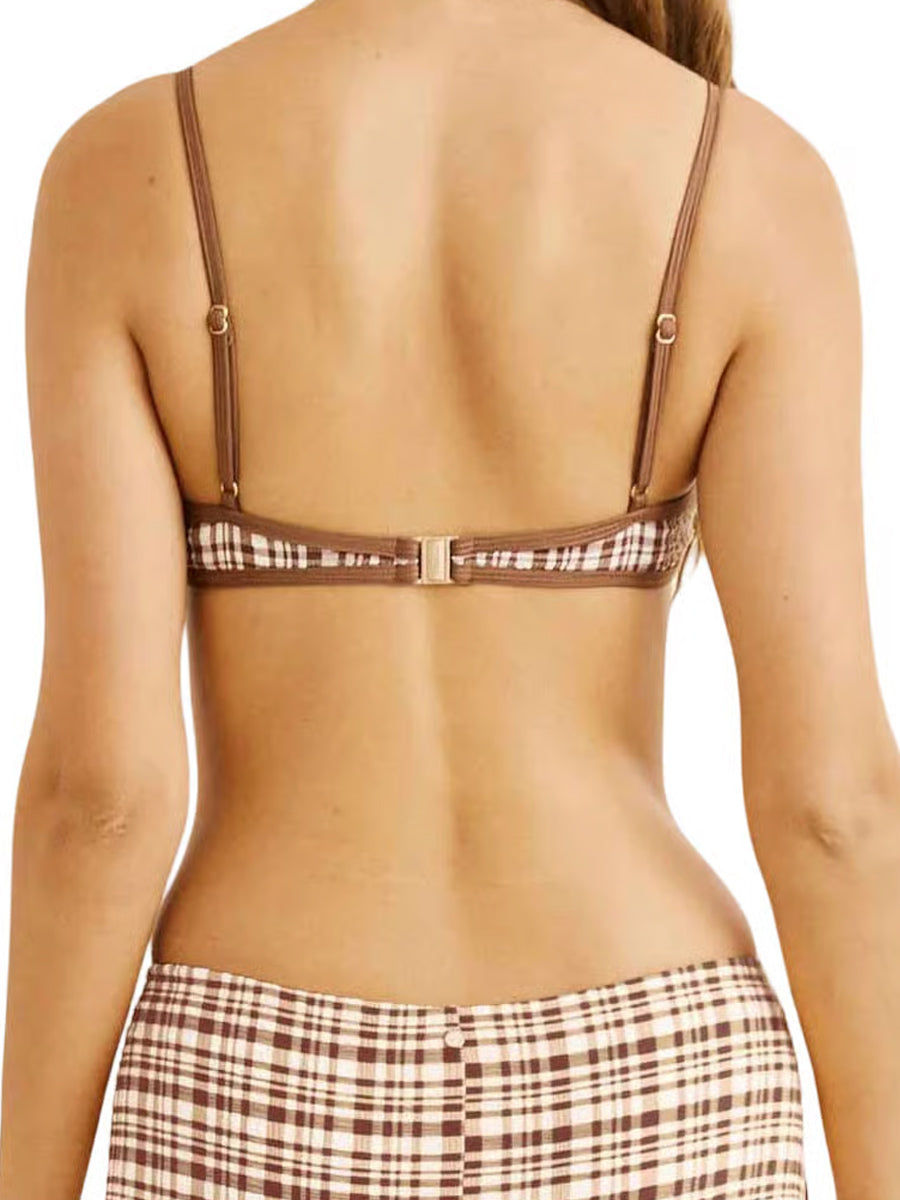 RHYTHM LONDON CHECK CROP BIKINI TOP - CHOCOLATE