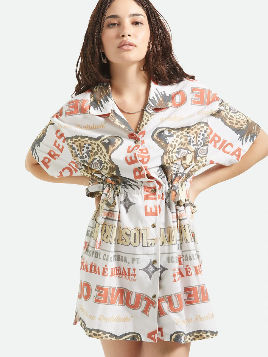 BRIXTON THE CINCH BUTTON DOWN SHORT-SLEEVE DRESS - LOST IN REALITY PRINT DRESSES BRIXTON