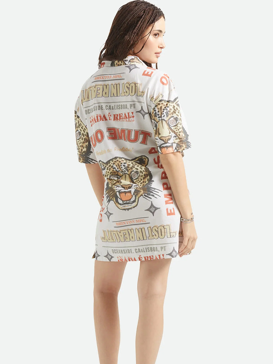BRIXTON THE CINCH BUTTON DOWN SHORT-SLEEVE DRESS - LOST IN REALITY PRINT DRESSES BRIXTON