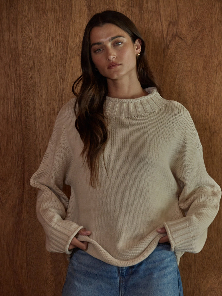 KNIT SWEATER COTTON MOCK NECK LONG-SLEEVE - TAN