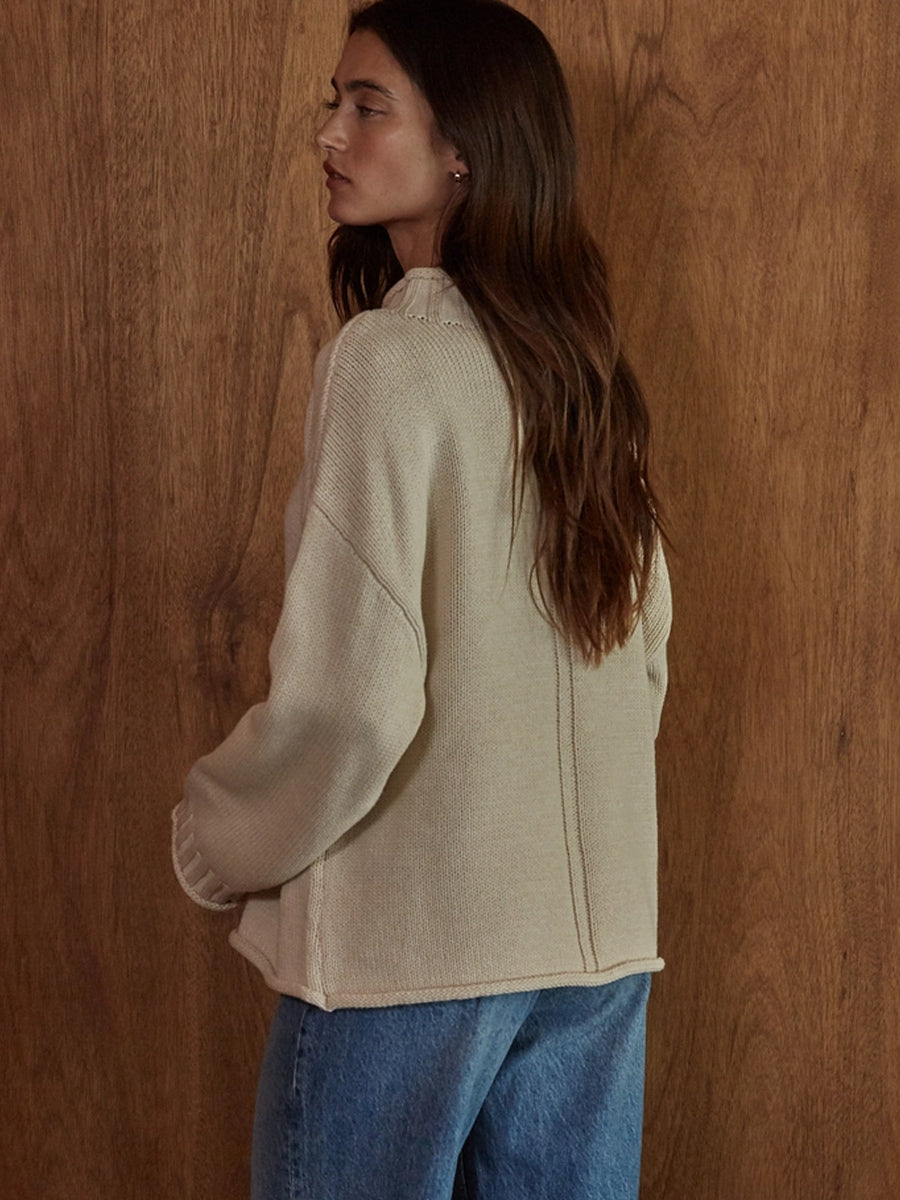 KNIT SWEATER COTTON MOCK NECK LONG-SLEEVE - TAN