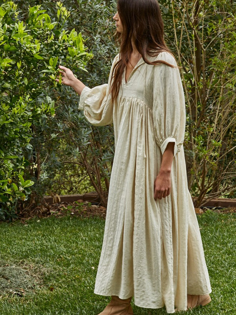 WOVEN LONG SLEEVE MAXI DRESS - NATURAL OAK CLOTHING CO. INC. WOVEN LONG SLEEVE MAXI DRESS - NATURAL OAK CLOTHING CO. INC.