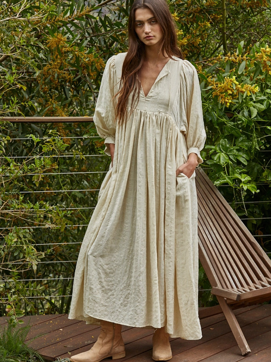 WOVEN LONG SLEEVE MAXI DRESS - NATURAL DRESS -