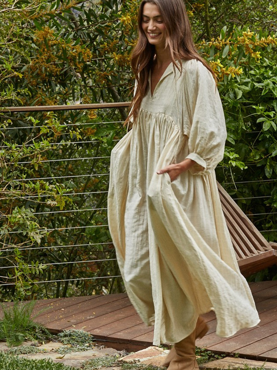 WOVEN LONG SLEEVE MAXI DRESS - NATURAL DRESS -