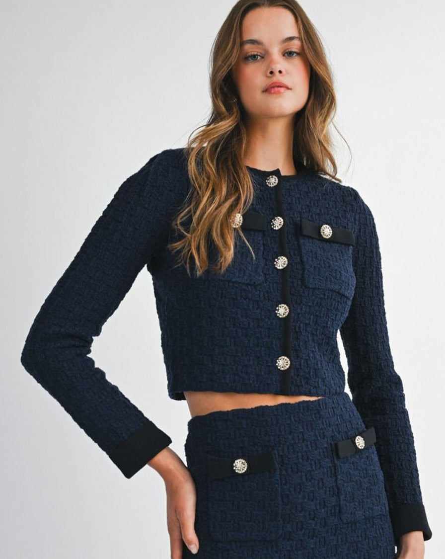 KNITTED CROPPED CARDIGAN - NAVY SHIRT -
