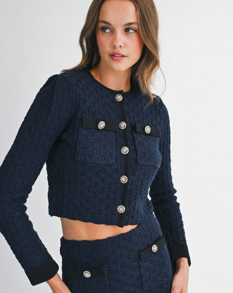 KNITTED CROPPED CARDIGAN - NAVY SHIRT -