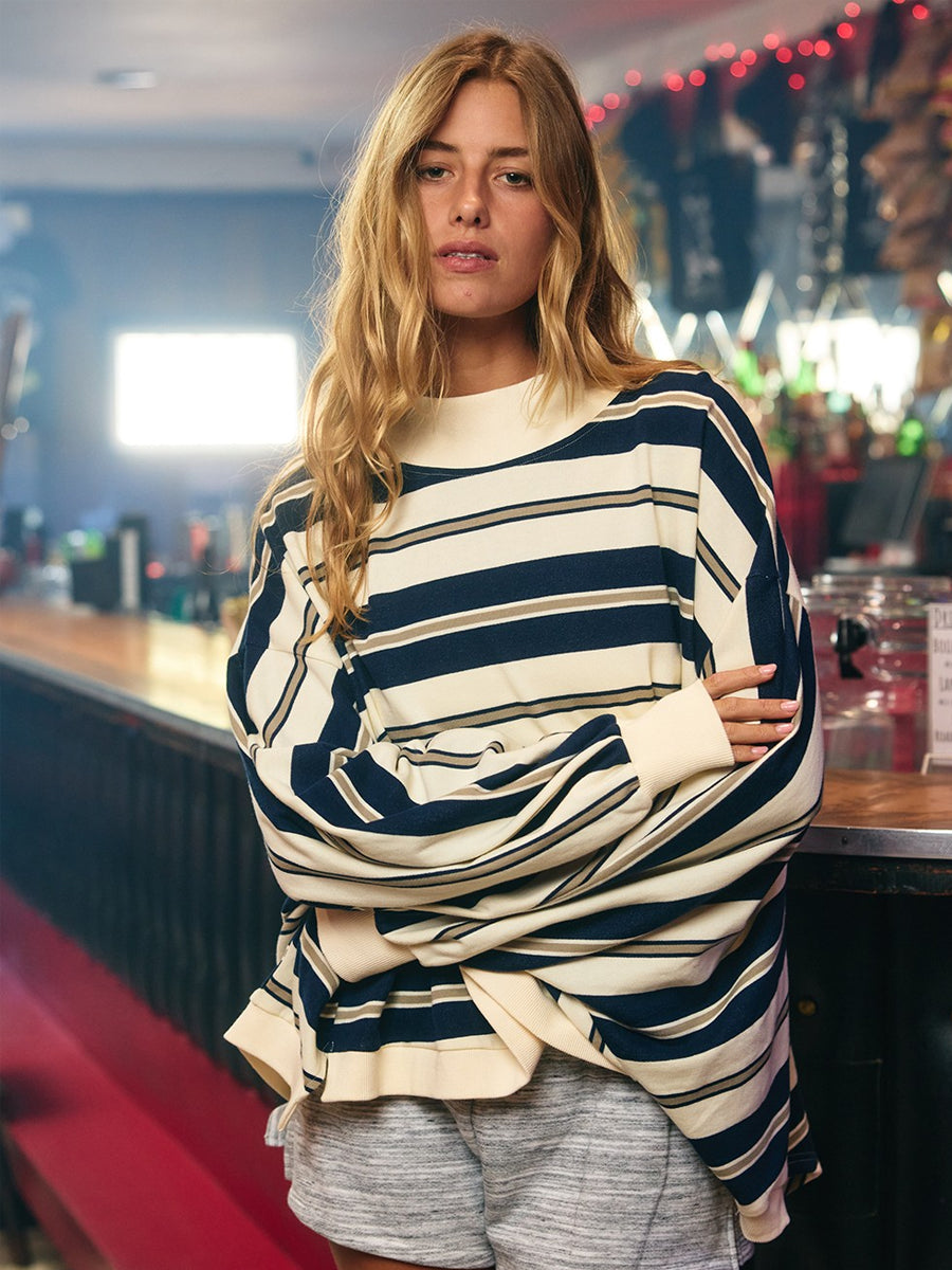STRIPED OVERSIZED CREWNECK TOP - NAVY