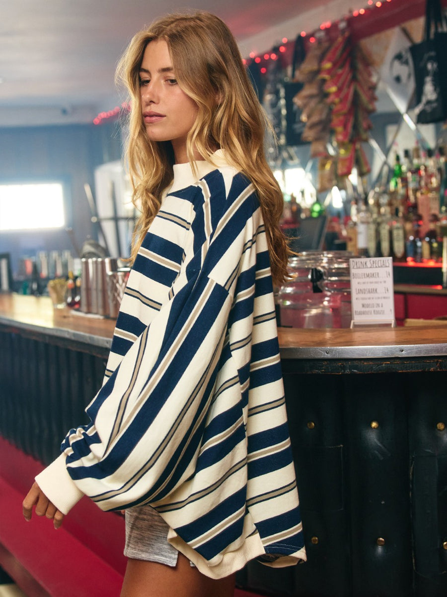 STRIPED OVERSIZED CREWNECK TOP - NAVY