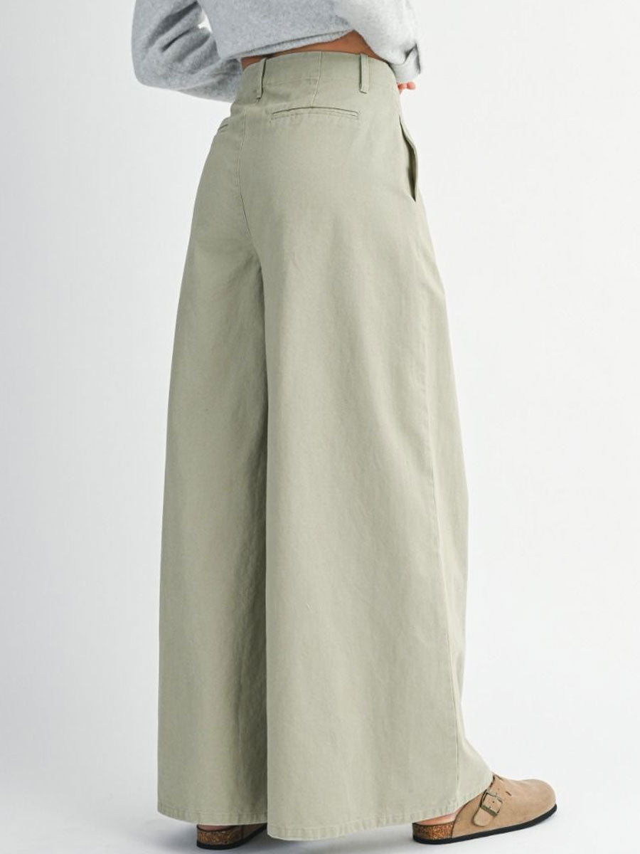 PLEATED WASHED TWILL WIDE LEG PANTS - LIGHT OLIVE PANT -