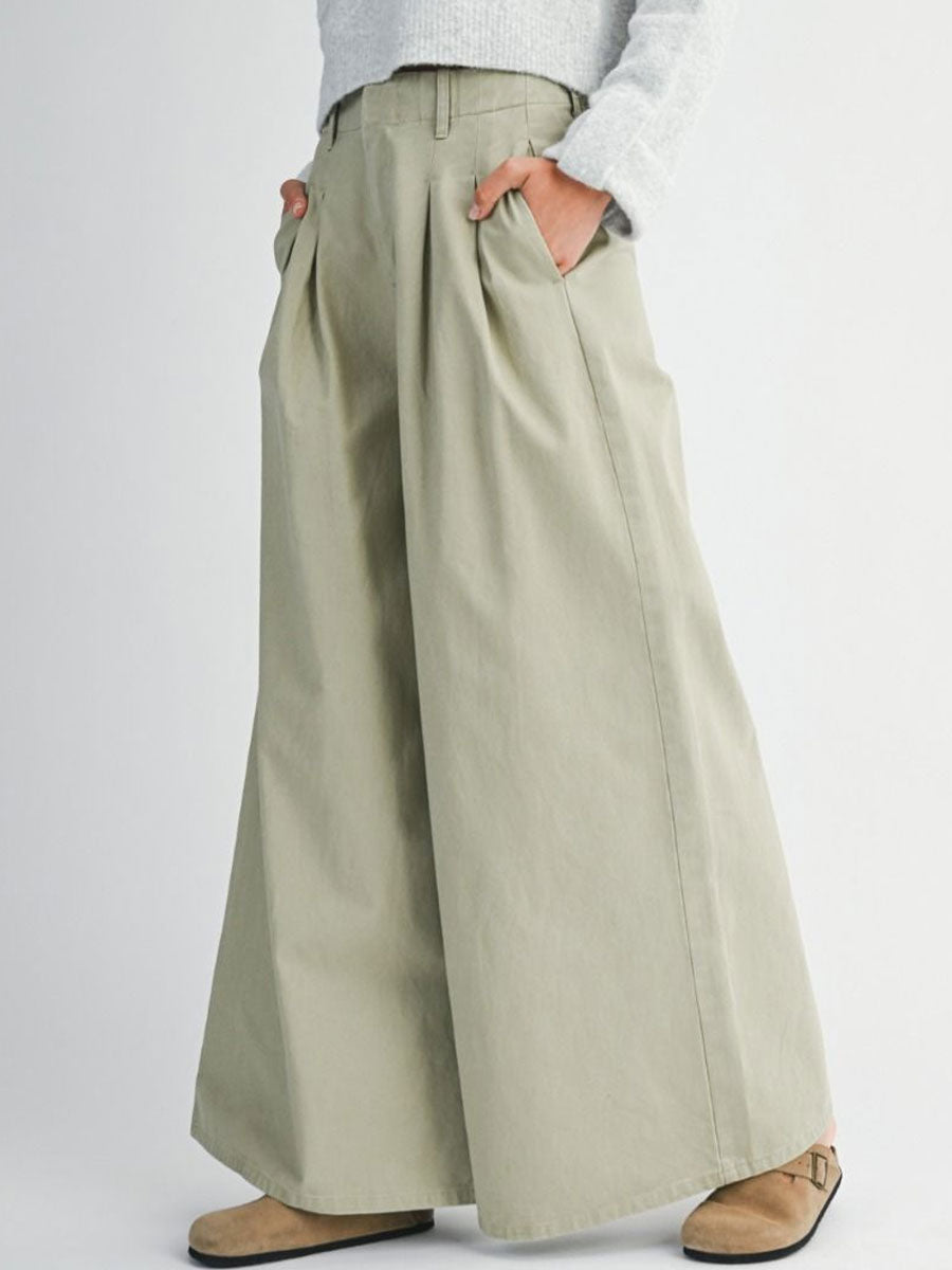 PLEATED WASHED TWILL WIDE LEG PANTS - LIGHT OLIVE PANT -