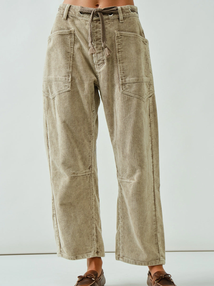 CORDUROY PANT WITH EYELET WAIST - OLIVE PANT -