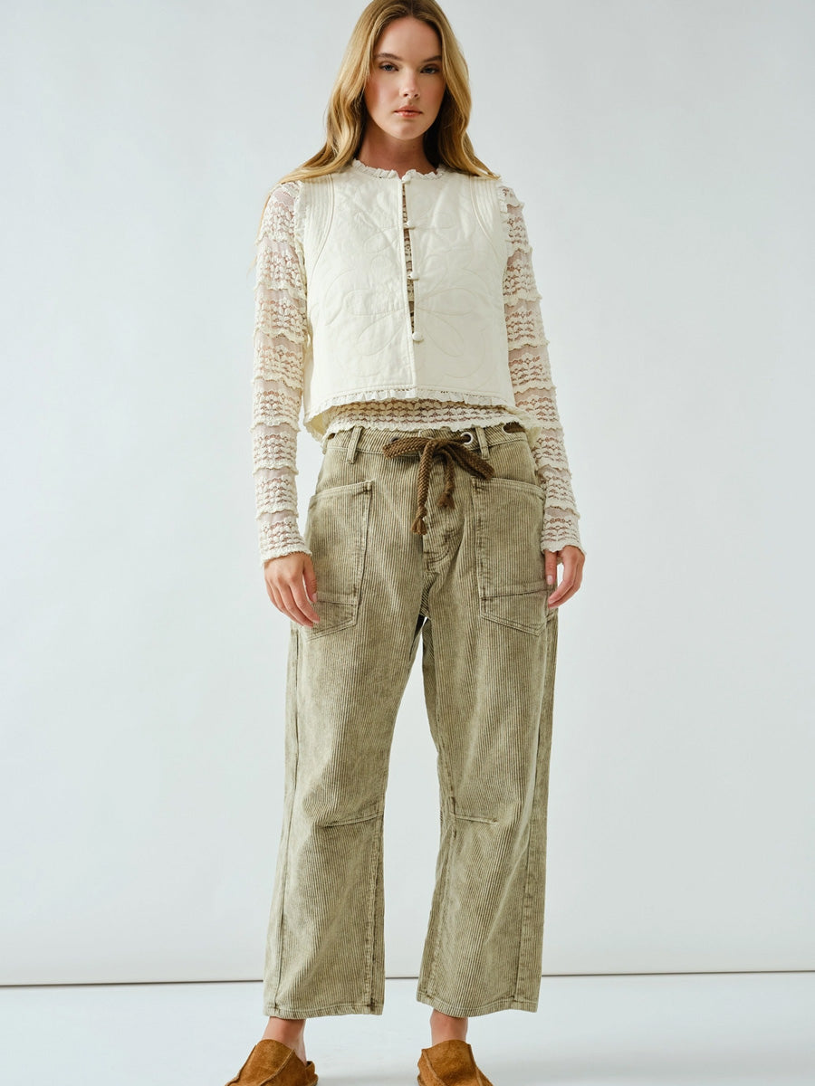 CORDUROY PANT WITH EYELET WAIST - OLIVE PANT -