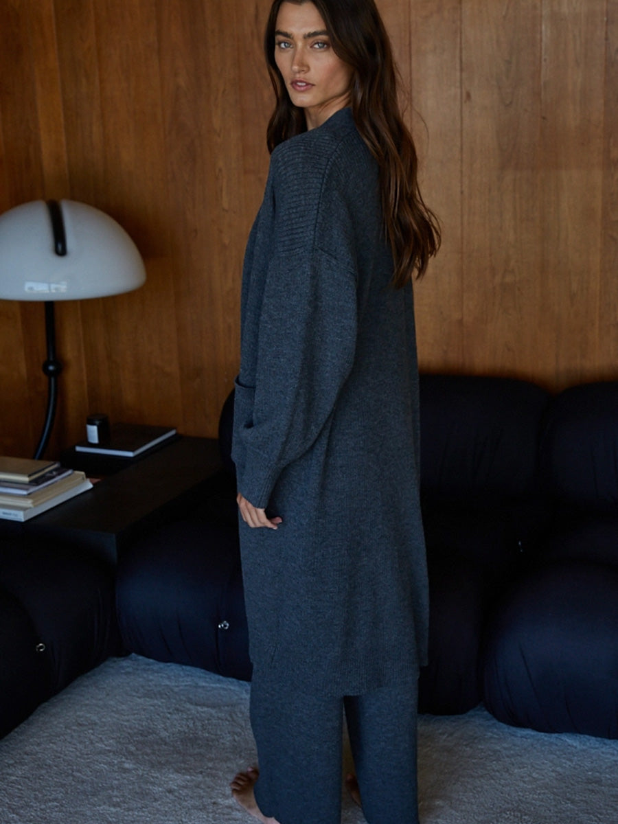 KNIT RIBBED OPEN FRONT LONT SLEEVE DUSTER SWEATER - CHARCOAL SWEATER -