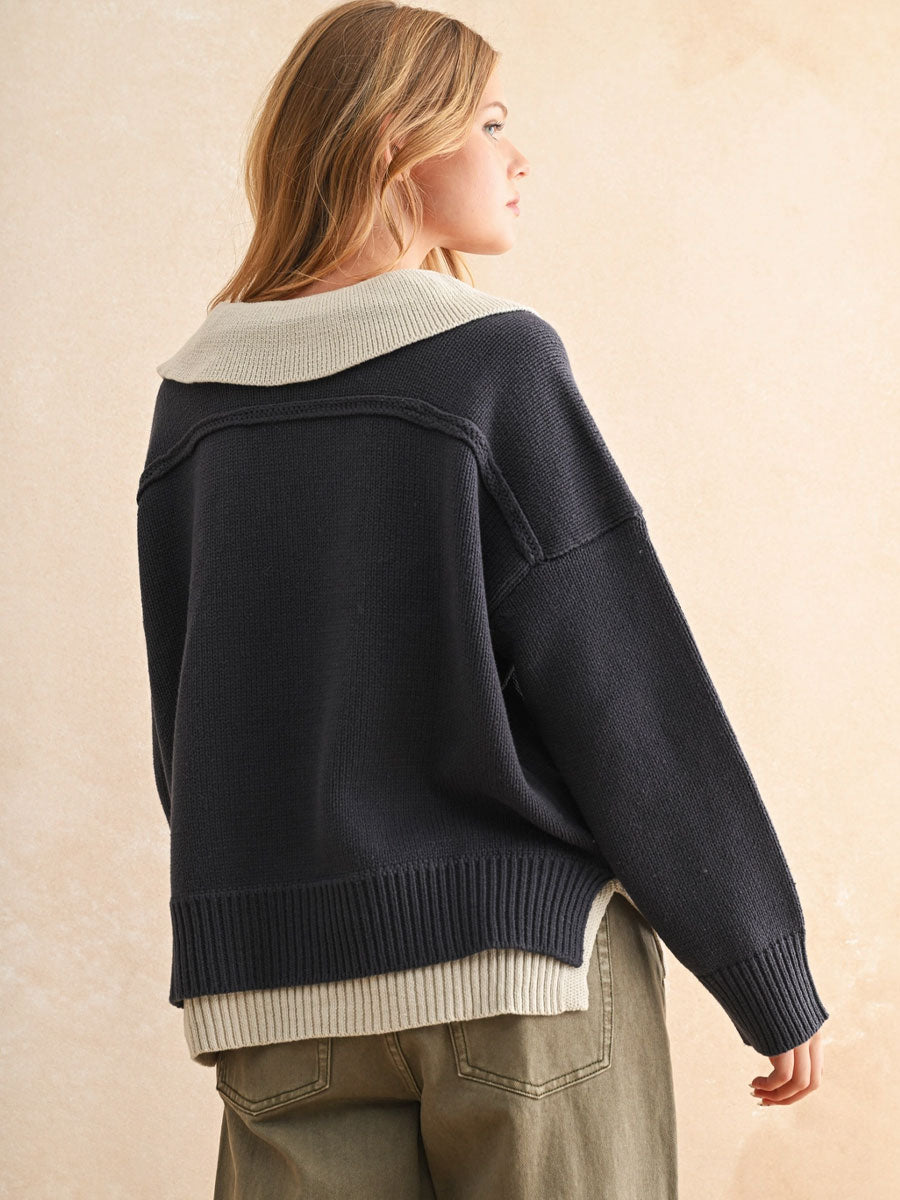 COLOR COMBO V-NECK SWEATER - NAVY SWEATER -