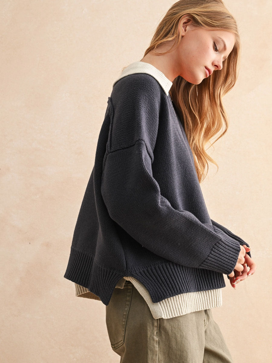 COLOR COMBO V-NECK SWEATER - NAVY SWEATER -