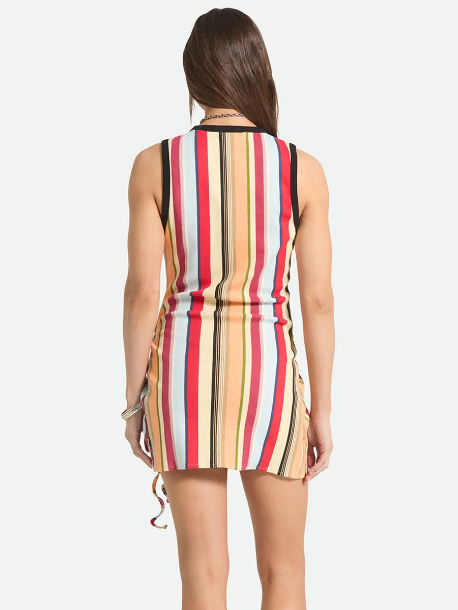 BRIXTON RIBBED CINCH MINI DRESS - PEACH COBBLER MULTI STRIPE DRESSES BRIXTON