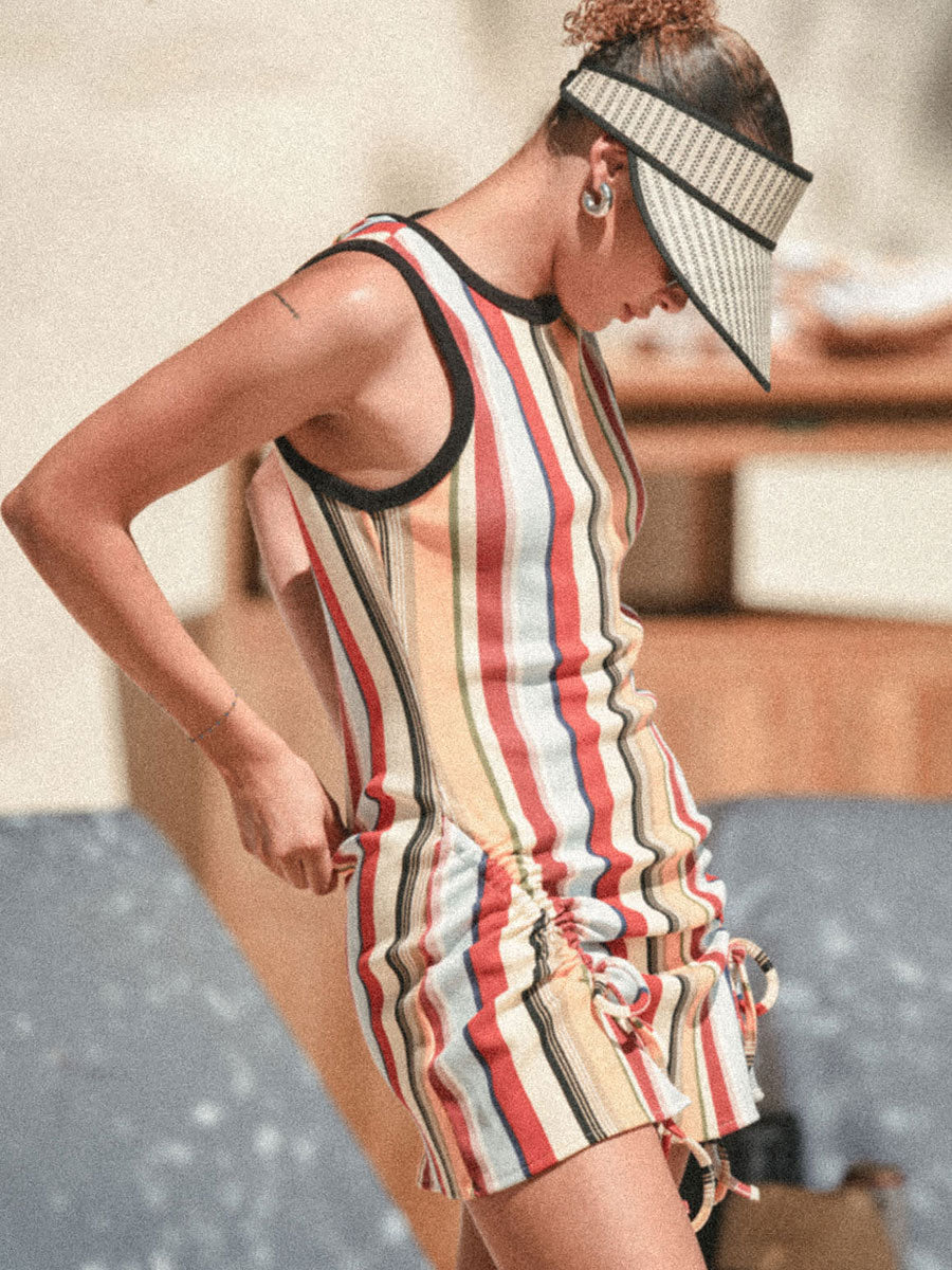 BRIXTON RIBBED CINCH MINI DRESS - PEACH COBBLER MULTI STRIPE DRESSES BRIXTON