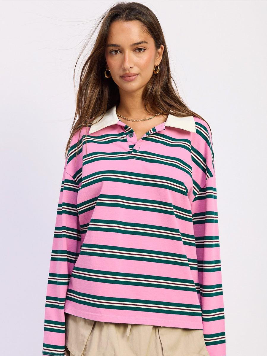 OVERSIZED STRIPE LONG SLEEVE TEE - PINK GREEN T-SHIRTS OAK CLOTHING CO.