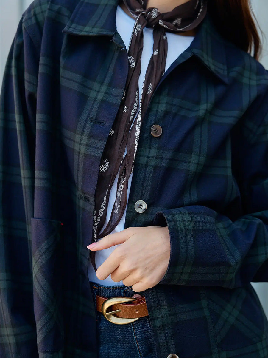 NAVY PLAID BUTTON FRONT POCKET JACKET - NAVY GREEN PLAID