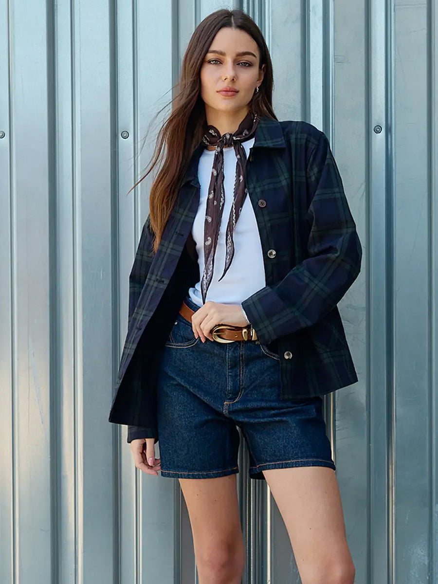 NAVY PLAID BUTTON FRONT POCKET JACKET - NAVY GREEN PLAID
