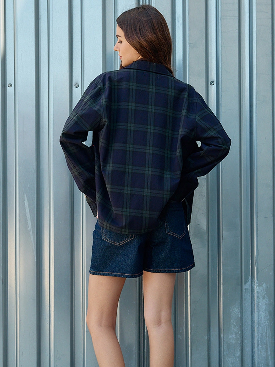 NAVY PLAID BUTTON FRONT POCKET JACKET - NAVY GREEN PLAID