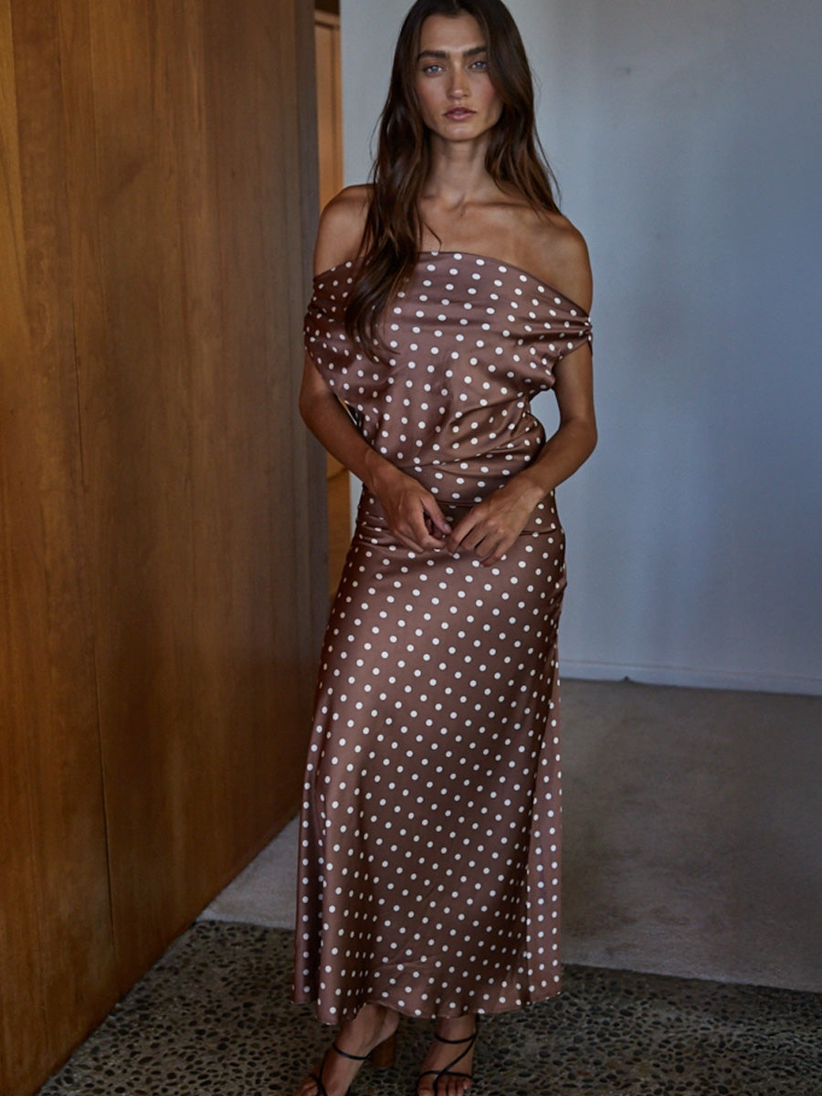 MAXI COWL NECK POLKA DOT DRESS - CHOCOLATE DRESS -