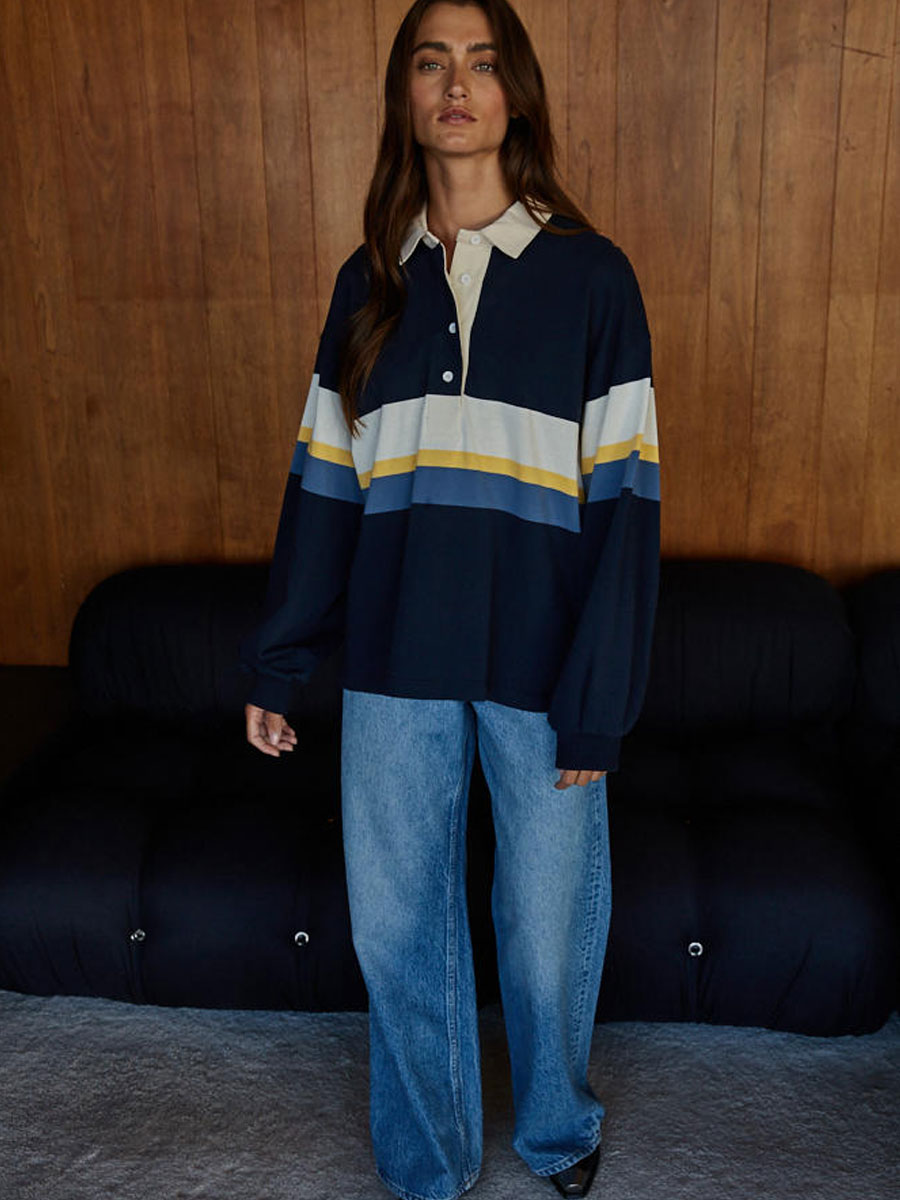 POLO COLLARED COLOUR BLOCK SHIRT - NAVY SHIRT -