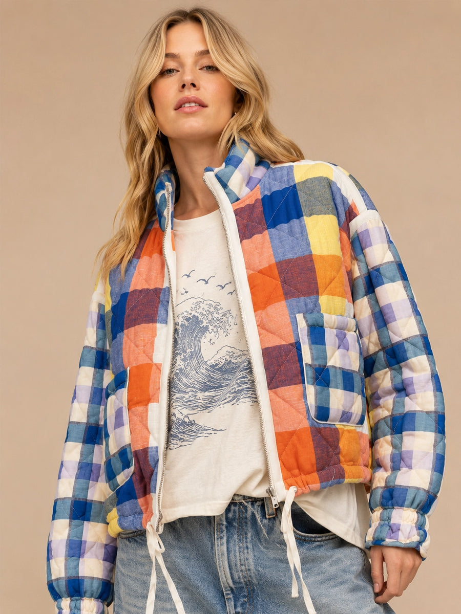 QUILTED PATCHWORK PUFFER - BLUE COMBO