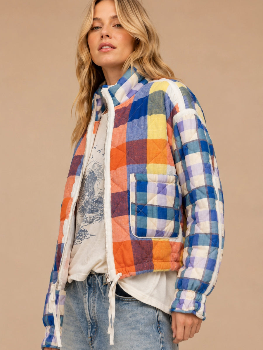 QUILTED PATCHWORK PUFFER - BLUE COMBO