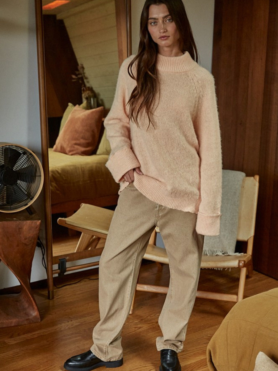 KNIT HIGH NECK RAGLAN SWEATER - ORANGE PEACH SWEATER -