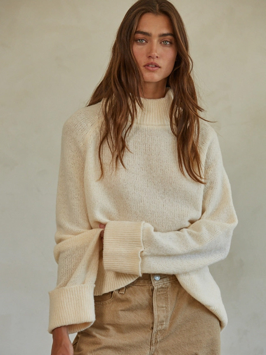 KNIT HIGH NECK RAGLAN SWEATER - CREAM SWEATER -