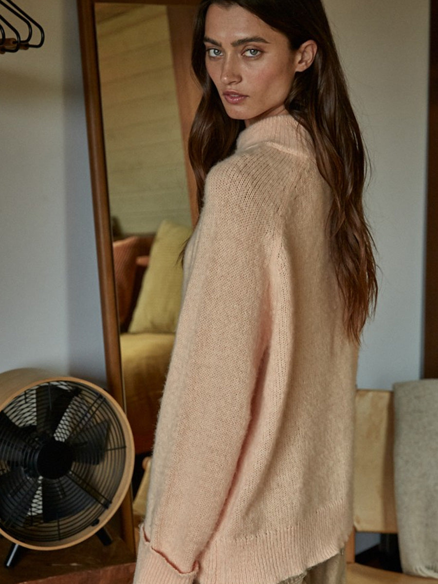 KNIT HIGH NECK RAGLAN SWEATER - ORANGE PEACH SWEATER -