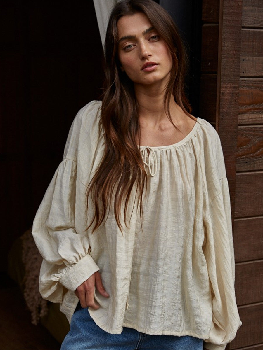 WOVEN RAYON TENCEL SCOOP NECK BLOUSE - NATURAL SWEATER -