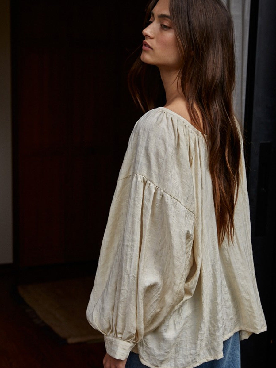 WOVEN RAYON TENCEL SCOOP NECK BLOUSE - NATURAL SWEATER -