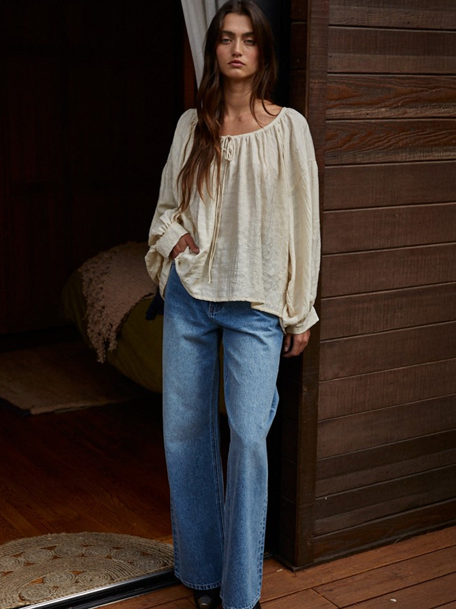 WOVEN RAYON TENCEL SCOOP NECK BLOUSE - NATURAL SWEATER -