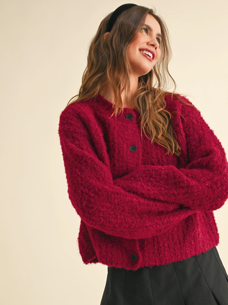 ROUND NECK BUTTON FRONT CARDIGAN - RED SWEATER -