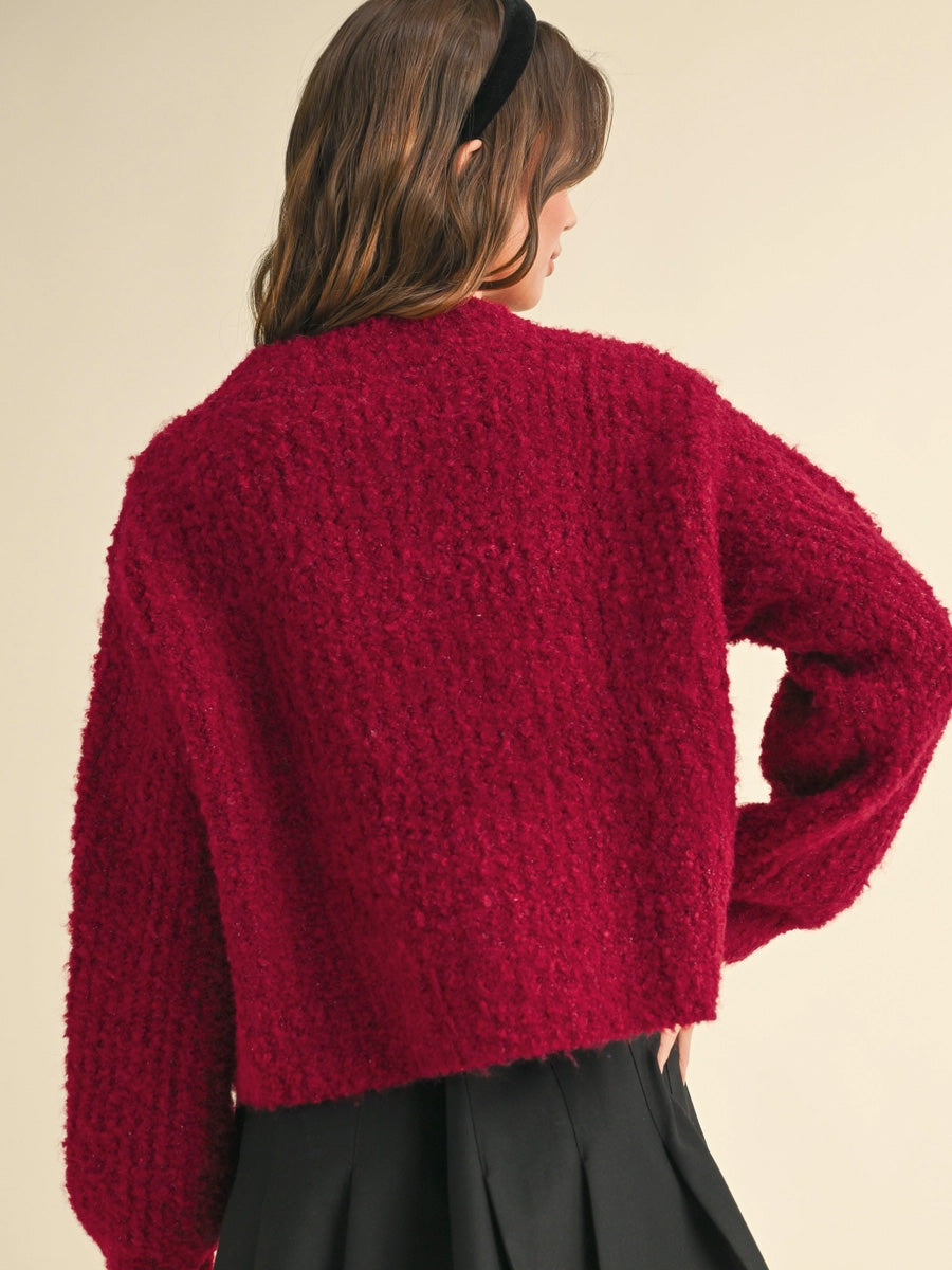 ROUND NECK BUTTON FRONT CARDIGAN - RED SWEATER -