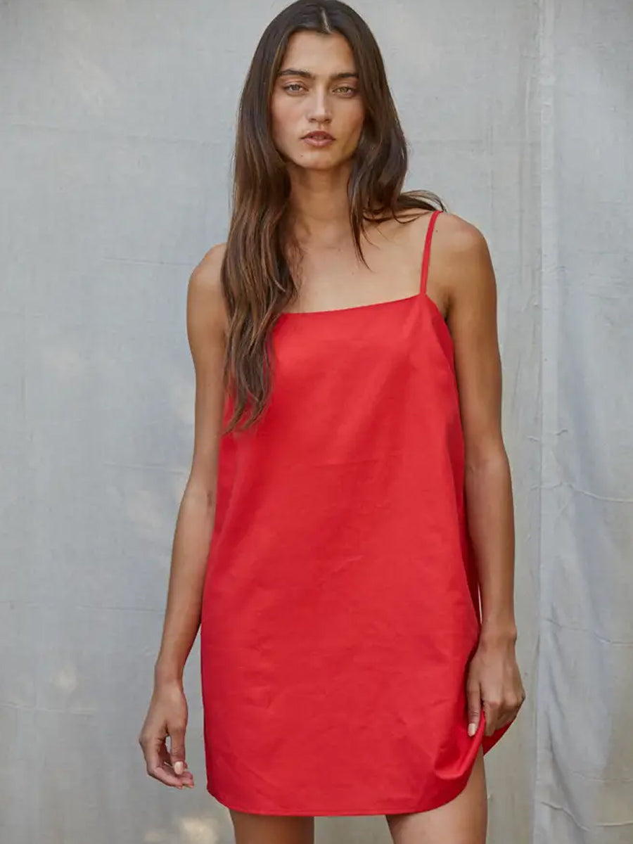 WOVEN COTTON LINEN BLEND SLEEVELESS MINI - RED DRESSES OAK CLOTHING CO.